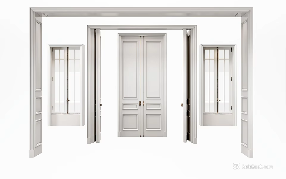 Elegant White Double Doors Paneled Design With Sidelights For Modern Home Interior 3d model 