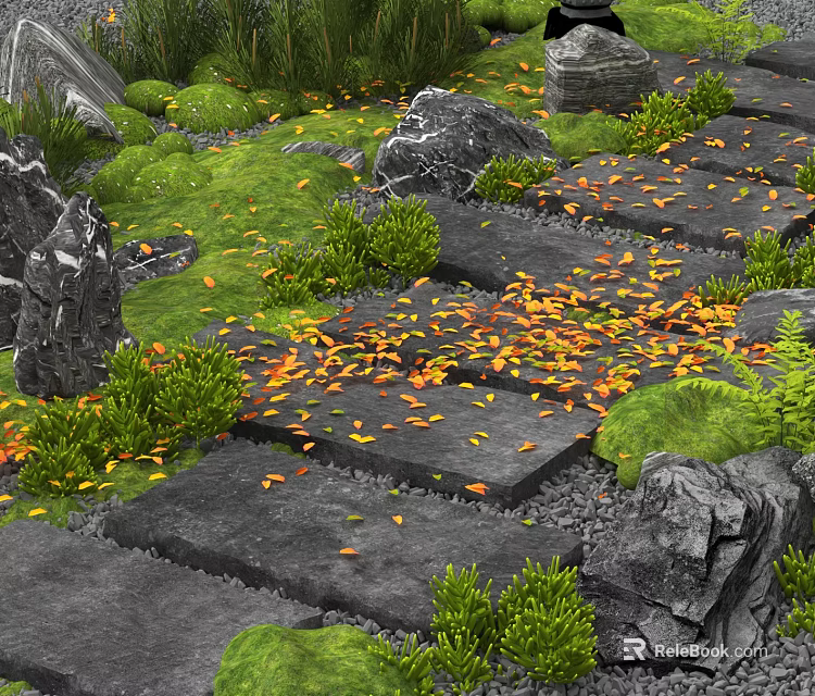 Natural Stepping Stones Path With Green Plants Fallen Leaves And Rocks 3d model 