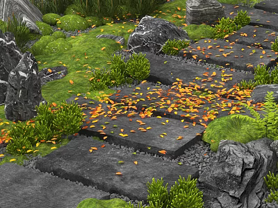 Natural Stepping Stones Path With Green Plants Fallen Leaves And Rocks 3d model