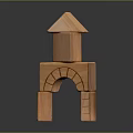 Wooden Building Blocks Stacked Into Tower With Roof Like Triangle And Arch Shapes