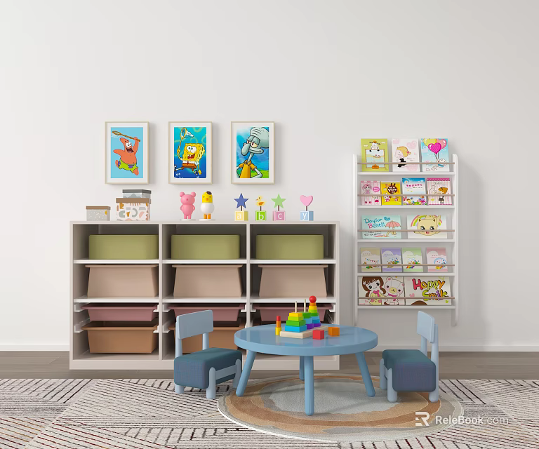 Kids Play Room Storage Cabinet With Colorful Toys Table Chairs And Cartoon Wall Art 3d model 