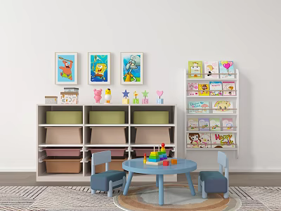 Kids Play Room Storage Cabinet With Colorful Toys Table Chairs And Cartoon Wall Art 3d model