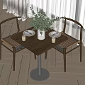 Modern Dining Table Set With Wooden Tabletop Metal Base Rattan Chairs And Green Plant