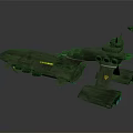 Futuristic Sci Fi Spaceship With Green Hull Multiple Cannons Blue Thrusters And Small Aircraft 3d model