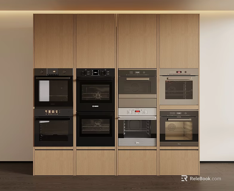 Modern Kitchen Interior With Built-in Ovens Multiple Appliances And Wooden Cabinets 3d model 