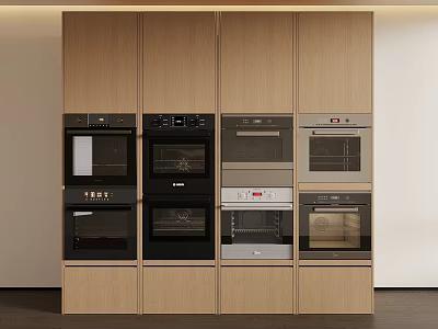 Modern Kitchen Interior With Built-in Ovens Multiple Appliances And Wooden Cabinets 3d model