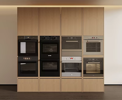 Modern Kitchen Interior With Built-in Ovens Multiple Appliances And Wooden Cabinets 3d model