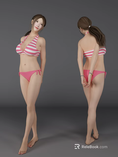 Woman Standing In Pink And White Striped Bikini Front And Back View 3d model 