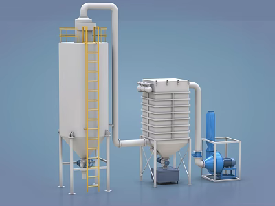 Industrial Equipment Setup With White Tower Yellow Ladder Multi Layer Unit And Blue Pump 3d model