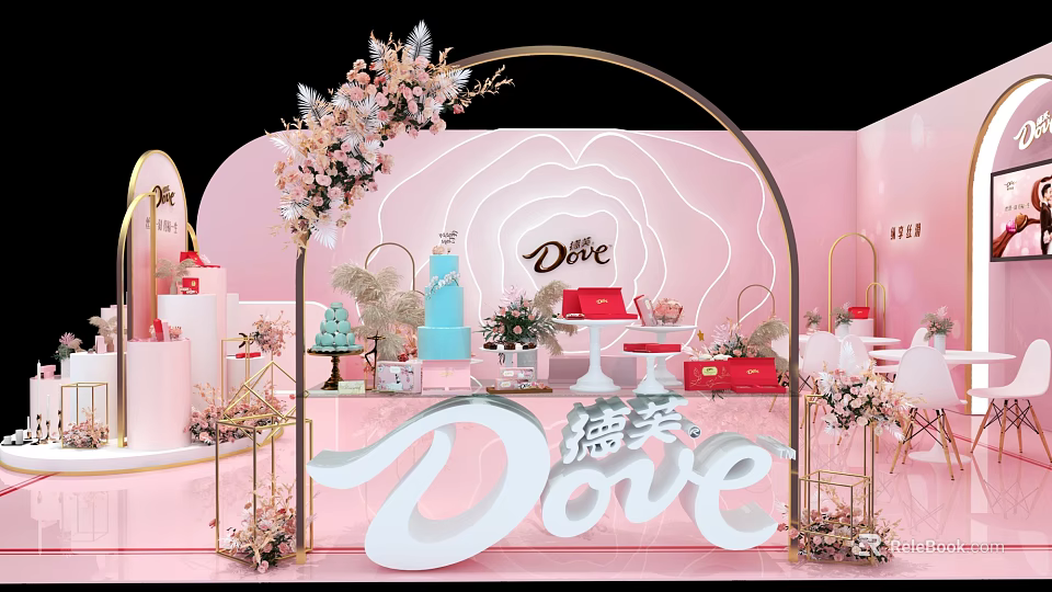 Dove Exhibition Display With Pink Background Floral Arch And Decor Items 3d model 