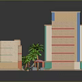 Cartoon Cityscape With Colorful Buildings Small Vehicles And Green Palm Trees