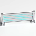 Silver Metal Safety Railing With Blue Horizontal Stripes And Stable Supports