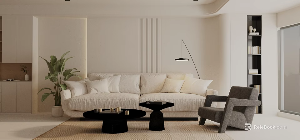 Modern Living Room White Sofa With Coffee Tables White Cushions Gray Chair And Floor Lamp 3d model 