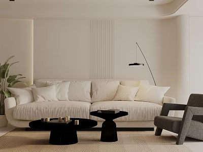 Modern Living Room White Sofa With Coffee Tables White Cushions Gray Chair And Floor Lamp 3d model