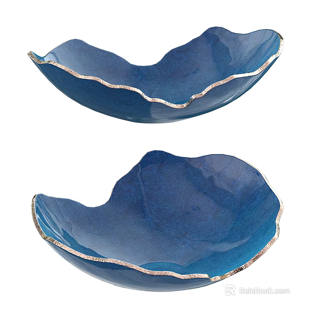 Elegant Blue Ceramic Bowls Featuring Wavy Shape And Gold Rim For Home Decor 3d model 