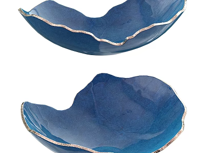 Elegant Blue Ceramic Bowls Featuring Wavy Shape And Gold Rim For Home Decor 3d model