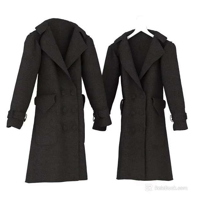 Classic Black Wool Long Coats With Double Breasted Design And Pockets 3d model