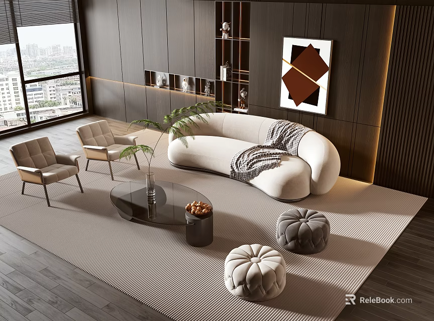 Elegant Modern Curved Sofa Coffee Table Set With Two Chairs Poufs And Green Plant 3d model 