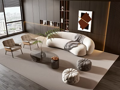 Elegant Modern Curved Sofa Coffee Table Set With Two Chairs Poufs And Green Plant 3d model