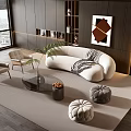 Elegant Modern Curved Sofa Coffee Table Set With Two Chairs Poufs And Green Plant