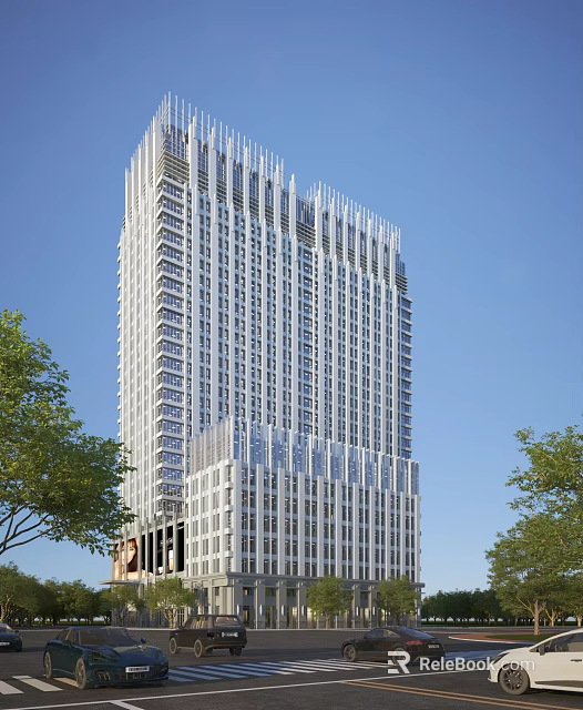 Modern Tall Office Building Exterior Design With Glass Windows Metal Structure And Trees 3d model 