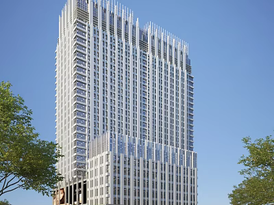Modern Tall Office Building Exterior Design With Glass Windows Metal Structure And Trees 3d model