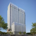 Modern Tall Office Building Exterior Design With Glass Windows Metal Structure And Trees