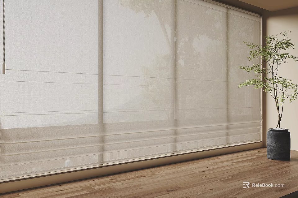 Neutral Textured Roman Blinds With Natural Light Tree View Wooden Floor And Green Plant 3d model 