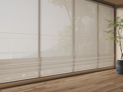 Neutral Textured Roman Blinds With Natural Light Tree View Wooden Floor And Green Plant 3d model