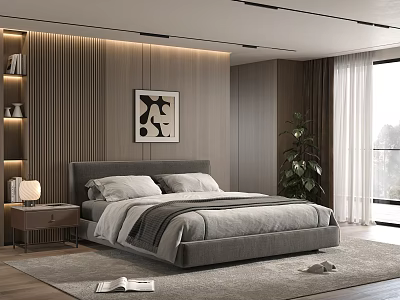 Modern Bedroom Interior With Background Double Bed Grey Headboard Wooden Striped Wall And Green Plant 3d model