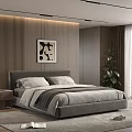 Modern Bedroom Interior With Background Double Bed Grey Headboard Wooden Striped Wall And Green Plant