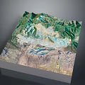 3D Landscape Model Showcasing Mountainous Terrain With Green Vegetation And Blue Water Features
