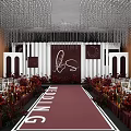 Banquet Hall With Circular Stage Red Carpet White Chairs Crystal Chandeliers And Backdrop Decor