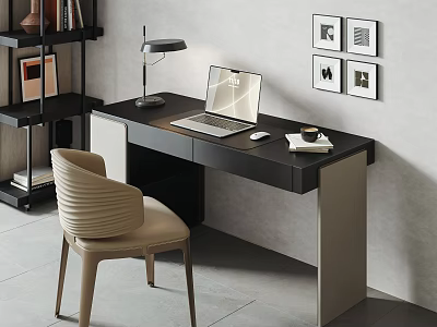 Modern Desk And Chair Set With Laptop Lamp And Decorative Wall Art 3d model