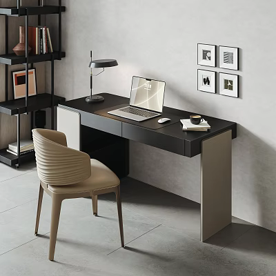Modern Desk And Chair Set With Laptop Lamp And Decorative Wall Art 3d model