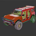 Red Ford Bronco Off Road Vehicle With White Roof Yellow Interior And Large Tires