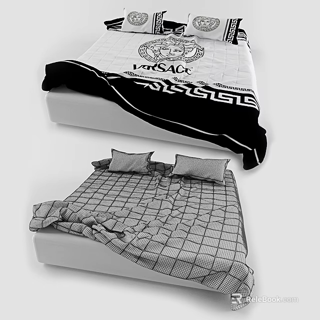 Double Bed with Checkered Bedspread Gray Pillows and Patterned Blanket Design 3d model