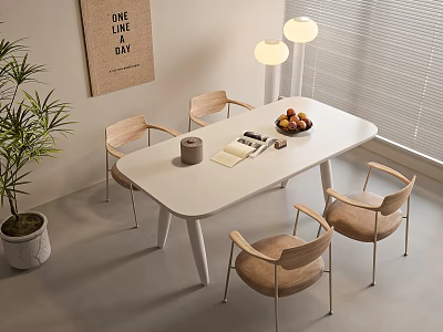 Modern White Dining Table Set With Four Chairs Fruit Bowl Floor Lamp And Potted Plant 3d model