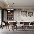 Modern Restaurant Dining Space With Round Table Brown Chairs Wall Art And Large Windows