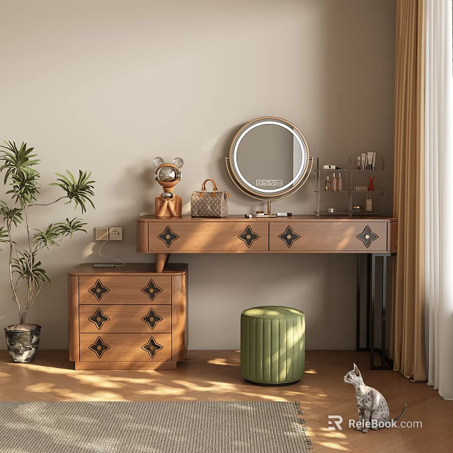 Classic Wooden Dressing Table With Round Mirror Drawers And Green Stool Near Potted Plant 3d model 