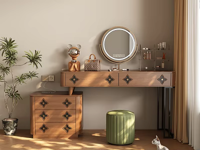 Classic Wooden Dressing Table With Round Mirror Drawers And Green Stool Near Potted Plant 3d model