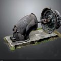 Old Rusted Electronic Device Parts Displayed on Mossy Industrial Base Stand