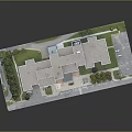 Modern Office Building Model Featuring Glass Facade Green Lawns Parking Lot And Entrance