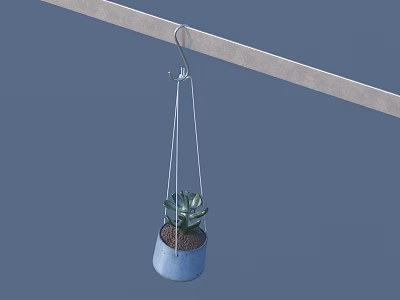 Hanging Succulent Plant in Blue Pot on Gray Rod with Fresh Soil and Green Leaves 3d model