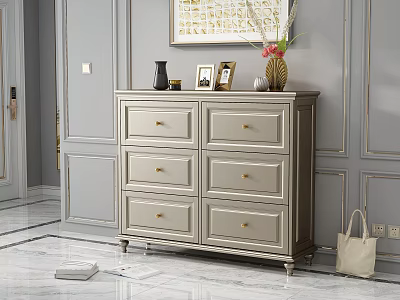Elegant Modern Chest of Drawers with Gold Handles and Decorative Items in Grey Wall Interior 3d model