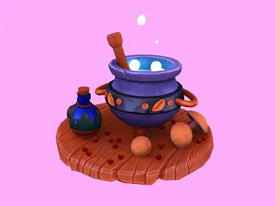 Cartoon Magic Scene With Blue Cauldron Small Bottle And Wooden Tray On Pink Background 3d model