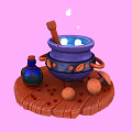 Cartoon Magic Scene With Blue Cauldron Small Bottle And Wooden Tray On Pink Background
