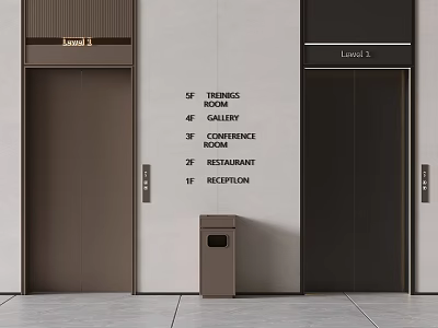 Elevators In Building Lobby With Training Gallery Conference Restaurant Reception Signs Level 1 And Level 2 Doors 3d model