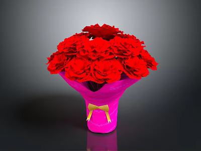 Bright Red Carnations Bouquet in Pink Wrapping with Yellow Ribbon Bow 3d model