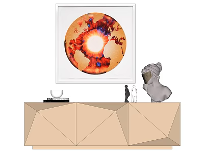 Modern Decorative Scene With Circular Abstract Painting Geometric Cabinet And Sculpture 3d model